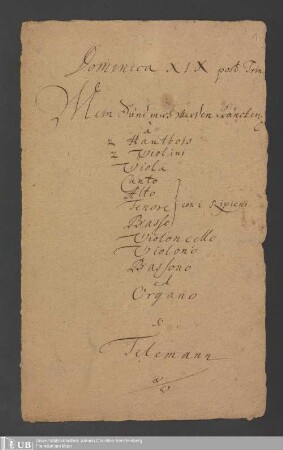 Ms. Ff. Mus. 1264 - Dominica XIX post Trin. : Mein Sünd mich werden kräncken p : à 2 hautbois, 2 violini, viola, Canto, Alto, Tenore, Basso con i ripieni, violoncello, violono, bassono ed organo