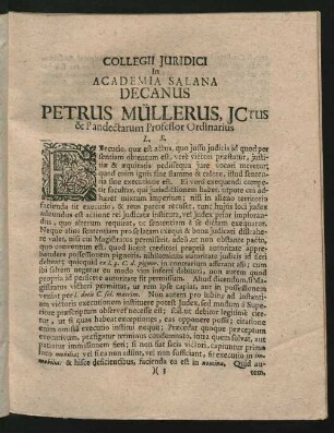 Collegii Iuridici In Academia Salana Decanus Petrus Müllerus, Ictus & Pandectarum Professor Ordinarius L. S.