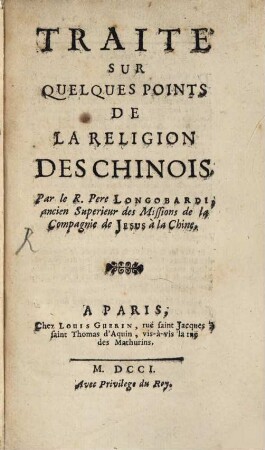 Traité sur quelques points de la réligion des Chinois