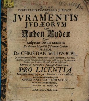 Dissertatio inauguralis juridica De juramentis Judaeorum, von Juden-Eyden