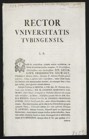 Rector Vniversitatis Tvbingensis. L. S.