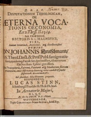 Disputationem Theologicam, De Aeterna Vocationis Oeconomia ...