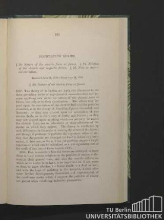Fourteenth Series. § 20. Nature of the electric force or forces.