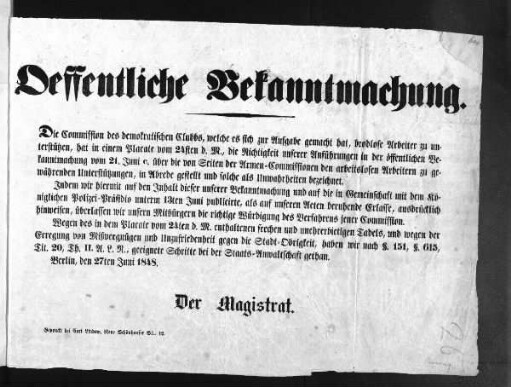 Oeffentliche Bekanntmachung. Die Commission des demokratischen Klubbs, [...] (Sammlung Friedlaender)
