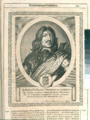 Karl X. (Gustav von Pfalz-Zwiebrücken), König von Schweden : Karl X. (Gustav von Pfalz-Zwiebrücken), König von Schweden, S. 329. Kupferstich; 188 x 150 (Bildspiegel). Aus: Theatri Europaei ... Sechster und letzter Theil. 1647-1651. Franckfurth, M., Matthäi Merians sel. Erben. Dresden: SLUB Hist.univ.B.0062