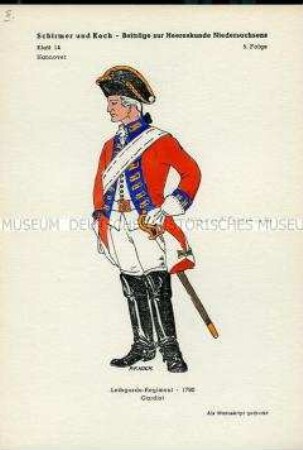 Uniformdarstellung, Gemeiner des Leibgarde-Regiments, Kurfürstentum Hannover, 1790.