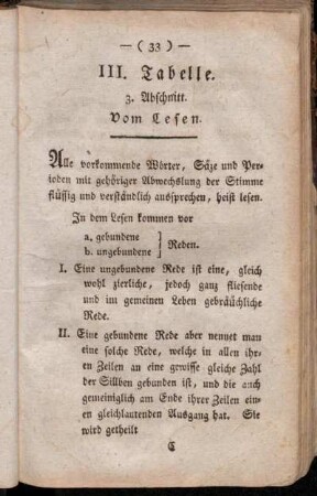 III. Tabelle. 3. Abschnitt. Vom Lesen.
