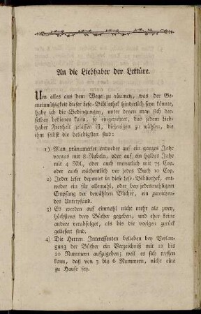 An die Liebhaber der Lektüre.