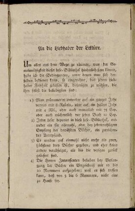 An die Liebhaber der Lektüre.