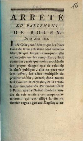 Arrêté Du Parlement De Rouen. Du 23 Août 1787