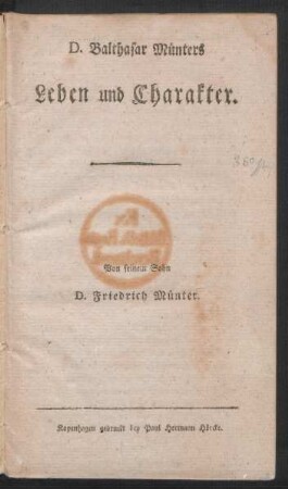 D. Balthasar Münters Leben und Charakter