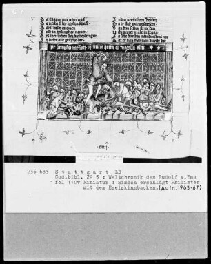 Weltchronik des Rudolf von Ems — Simson erschlägt die Philister mit dem Eselskinnbacken, Folio 110verso