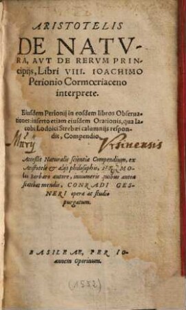 Aristotelis De Natvra, Avt De Rervm Principijs, Libri VIII
