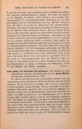 327-328 [Rezension] Meffert, Franz, Ernst Häckel, der Darwinist und Freidenker