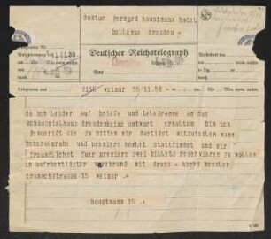 Brief von Harry Kessler an Gerhart Hauptmann