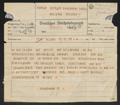 Brief von Harry Kessler an Gerhart Hauptmann