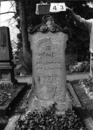 Grabstein 43 (Index: 99792824) Material: Sandstein Zustand: sehr stark verwittert mit Textverlust Maße HxBxT: 135x45x28 cm Beschreibung: Stele, seitlich profiliert, oben Erweiterungen, Volutengiebel mit Akroter: Grabstein 43