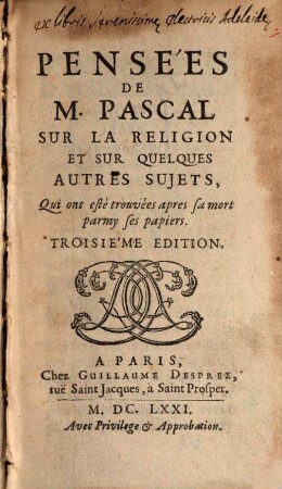 Pensées de M. Pascal sur la religion