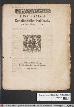 Programma Sub dies festos Paschatis : P.P. in academia Iulia