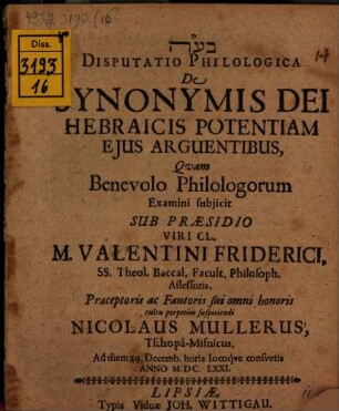 Disp. philol. de synonymis Dei Hebraicis, potentiam eius arguentibus