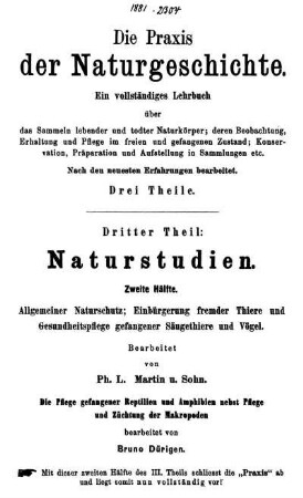 3,2: Allgemeiner Naturschutz : Einbürgerung fremder Thiere und Gesundheitspflege gefangener Säugethiere und Vögel