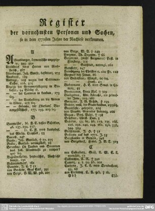 Register der vornehmsten Personen und Sachen, so in dem 1772sten Jahre der Nachlese vorkommen