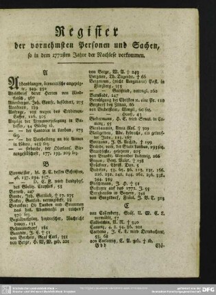 Register der vornehmsten Personen und Sachen, so in dem 1772sten Jahre der Nachlese vorkommen