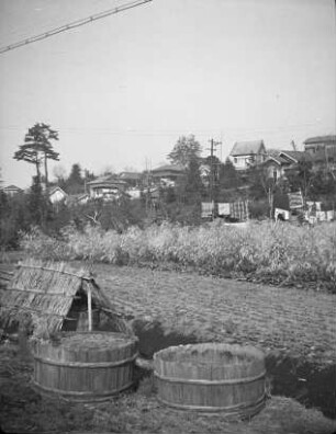 Tal und Alluvialplateau bei Omori : Tal und Alluvialplateau bei Omori. Ansicht mit Jauchebottichen