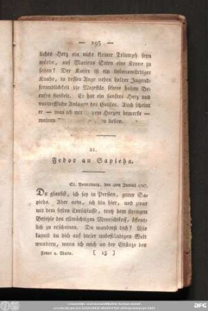 21. Fedor an Sapieha. St. Petersburg, den 4ten Junius 1727.