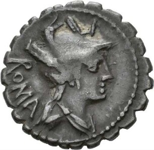 Denar serratus des C. Publicius mit Darstellung des Hercules