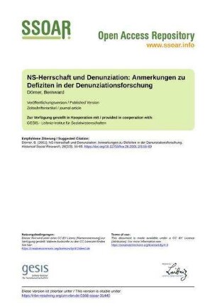 NS-Herrschaft und Denunziation: Anmerkungen zu Defiziten in der Denunziationsforschung