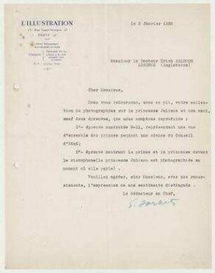 Brief von der Redaktion der L´Illustration, Paris an Erich Salomon
