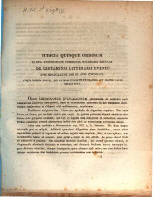 Iudicia quinque ordinum Universitatis Fridericiae Guilelmiae Rhenanae de litterarum certaminibus anni ... facta novaeque quaestiones anno ... propositae. 1837
