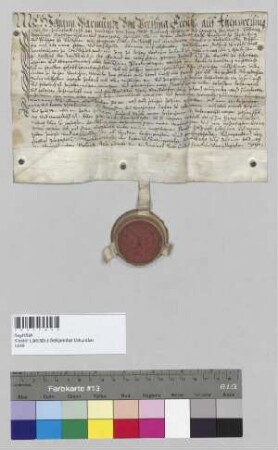 Johann Warmund von Preysing, Freiherr zu Altenpreysing etc., belehnt Georg Wilhem, Sohn des verstorbenen Hofapothekers Wilhelm Mohn zu Landshut, mit Zehnten zu Schaumburg, Reithof, Wolfstein, Schwatzkofen (Schwärzkhofen) und Oberpettenbach in der Pfarrei Adlkofen im Landgericht Teisbach. S: Johann Warmund von Preysing, Freiherr von und zu Altenpreysing etc.