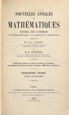 Nouvelles annales de mathématiques : journal des candidats aux écoles polytechniques et normales. 15. 1896