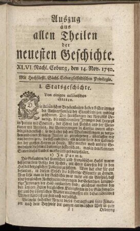 XLVI. Nachl. Coburg, den 14. Nov. 1750.