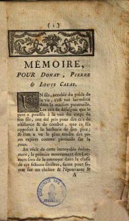 Memoire, pour Donat, Pierre et Louis Calas
