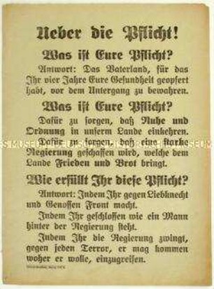 Aufruf an die Kriegsheimkehrer zum Kampf gegen den Spartakusbund und zum Schutz der Reichsregierung