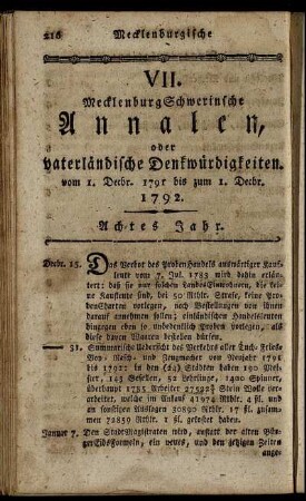 VII. MecklenburgSchwerinsche Annalen, oder vaterländische Denkwürdigkeiten vom 1. Decbr. 1791 bis zum 1. Decbr. 1792