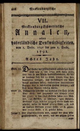 VII. MecklenburgSchwerinsche Annalen, oder vaterländische Denkwürdigkeiten vom 1. Decbr. 1791 bis zum 1. Decbr. 1792