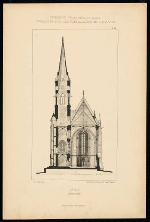 Kapelle: Querschnitt (aus: C. Schäfer, Die Bauhütte, Entwürfe im Stile des Mittelalters, 1. Bd., 1883, Tafel 32)