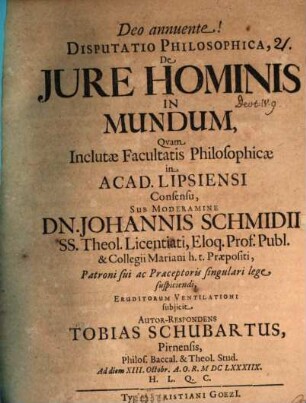 Disp. philos. de iure hominis in mundum