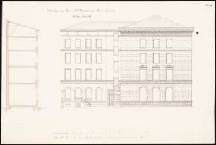 Wohnhaus Hildebrandt mit Gaststätte, Breslau: Aufriss und Schnitt Seitenansicht, Maßstabsleisten (Fuß und Meter)