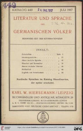 Nr. 449: Katalog: Literatur und Sprache der germanischen Völker : besonders seit der Reformationszeit