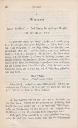 398-409 Programm der Haager Gesellschaft zur Verteidigung der christlichen Religion für das Jahr 1883