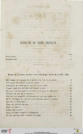 Contenu du tome premier