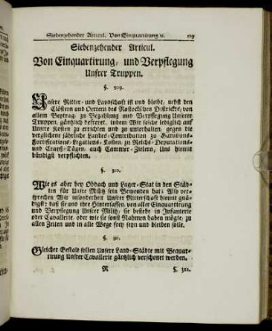 Siebenzehender Articul. Von Einquartirung, und Verpflegung Unsrer Truppen.