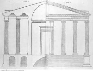 I dieci libri dell'architettura di M Vitruvio tradutti et commentati da Monsignor Barbaro eletto patriarca d'Aquileggia., 1. Buch: Il primo libro di dieci dell'architettura di M. Vitruvio ..., 2. Kapitel (S. 22-23): Tempelentwürfe Frontaufrisse.