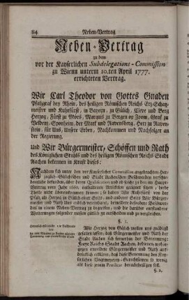 Neben-Vertrag zu dem vor der Kayserlichen Subdelegations-Commission zu Wienn unterm 10.ten April 1777. errichteten Vertrag.