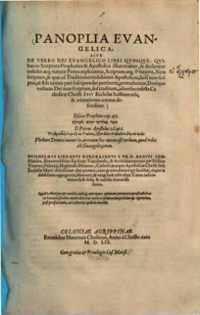 Panoplia Evangelica, Sive De Verbo Dei Evangelico Libri Qvinqve : Qvibus ex Scriptura Prophetica Apostolica illius eruitur, & declaratur indoles atq[ue] natura, Partes explicantur, ..., [1]